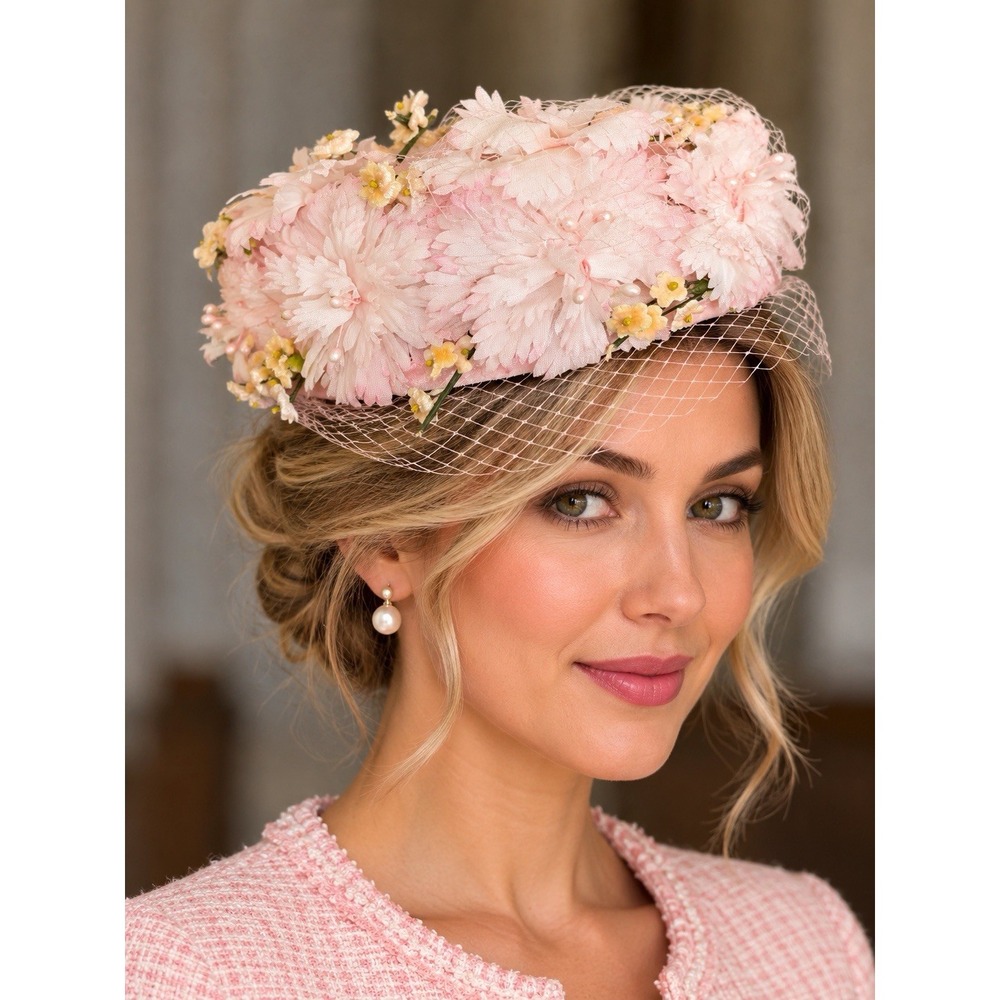 Vintage 1950s Pink Floral Petal Pillbox Hat ~ Pearl Beads~ Mesh Veil Velvet Trim